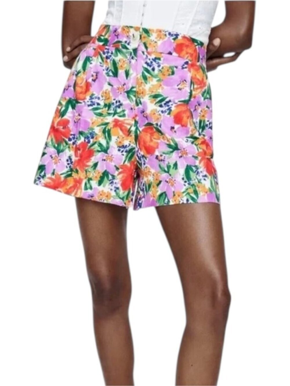 Zara Linen Blend Floral Shorts Women’s Large Pink Multicolour